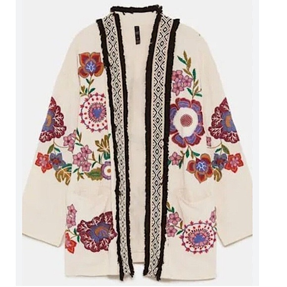 🔥 ZARA Stunning Floral Boho Embroidered Kimono Jacket Cotton Size S-M Blogger 💜 - Picture 2 of 9